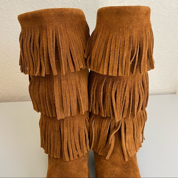Minnetonka 3 Layer Fringe Brown Suede Boots boho - Picture 6 of 12